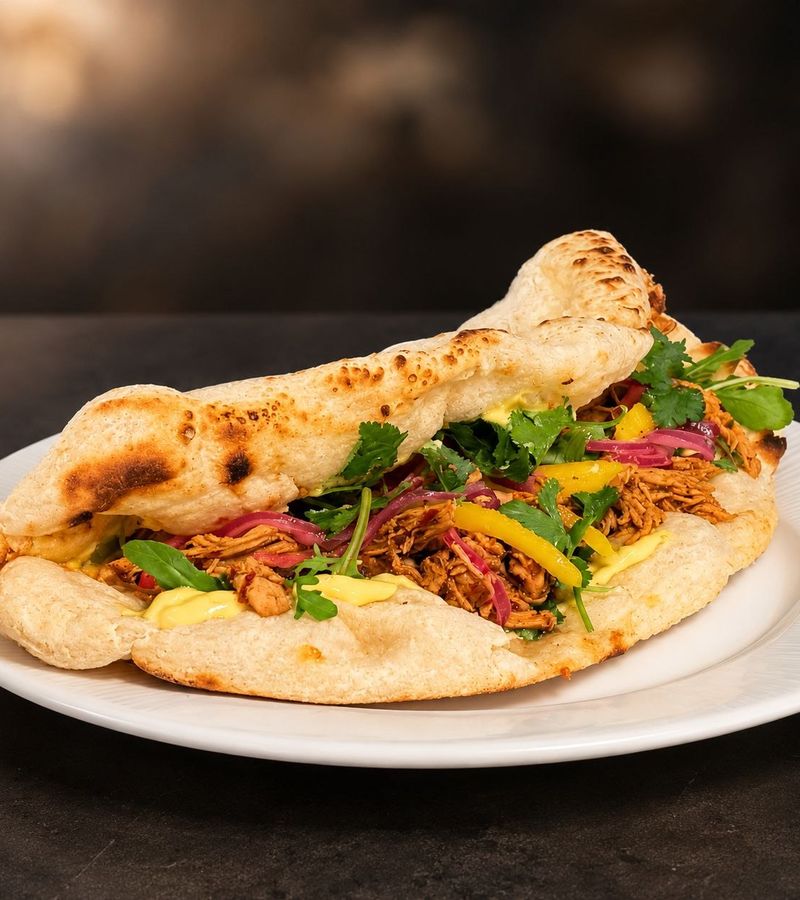 Foldet pizzabrød med fyll, syltet rødløk og friske urter